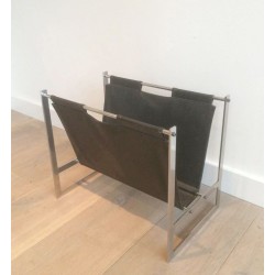 Brushed Steel Leather Magazine Rack Style Poul Kjaerholm Danish 1970