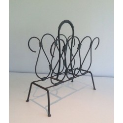Porte-Revues Métal Laqué Noir Cuir Jacques Adnet Français 1950