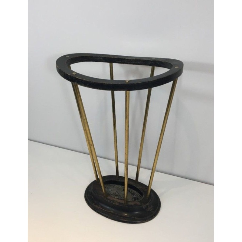 Ebonised Wood Brass Umbrella Stand Jacques Adnet French 1950