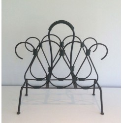 Black Lacquered Metal Leather Magazine Rack Jacques Adnet French 1950