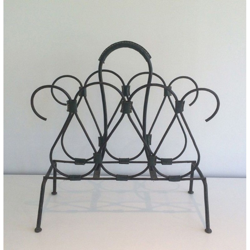 Black Lacquered Metal Leather Magazine Rack Jacques Adnet French 1950