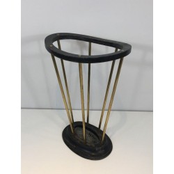 Ebonised Wood Brass Umbrella Stand Jacques Adnet French 1950
