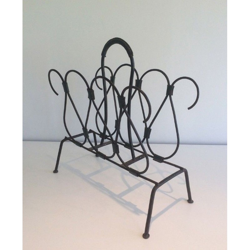 Porte-Revues Métal Laqué Noir Cuir Jacques Adnet Français 1950