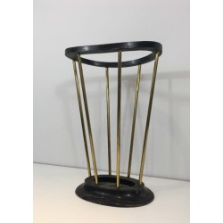 Ebonised Wood Brass Umbrella Stand Jacques Adnet French 1950