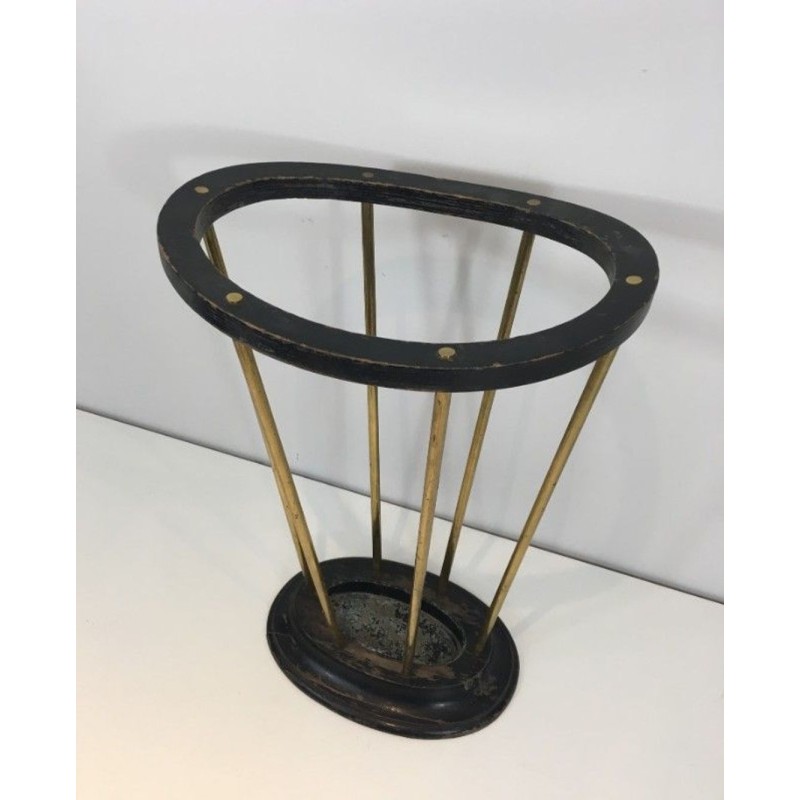Ebonised Wood Brass Umbrella Stand Jacques Adnet French 1950