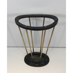Ebonised Wood Brass Umbrella Stand Jacques Adnet French 1950