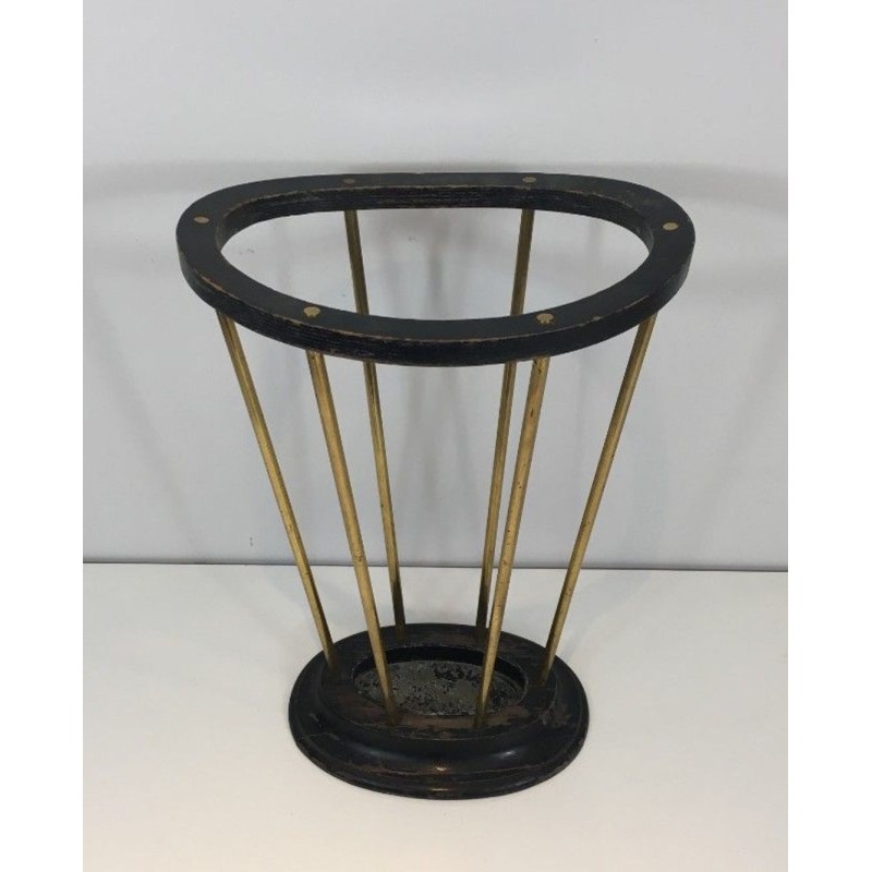 Ebonised Wood Brass Umbrella Stand Jacques Adnet French 1950