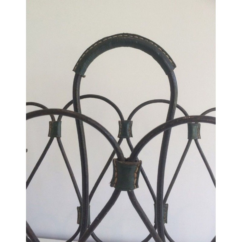 Black Lacquered Metal Leather Magazine Rack Jacques Adnet French 1950