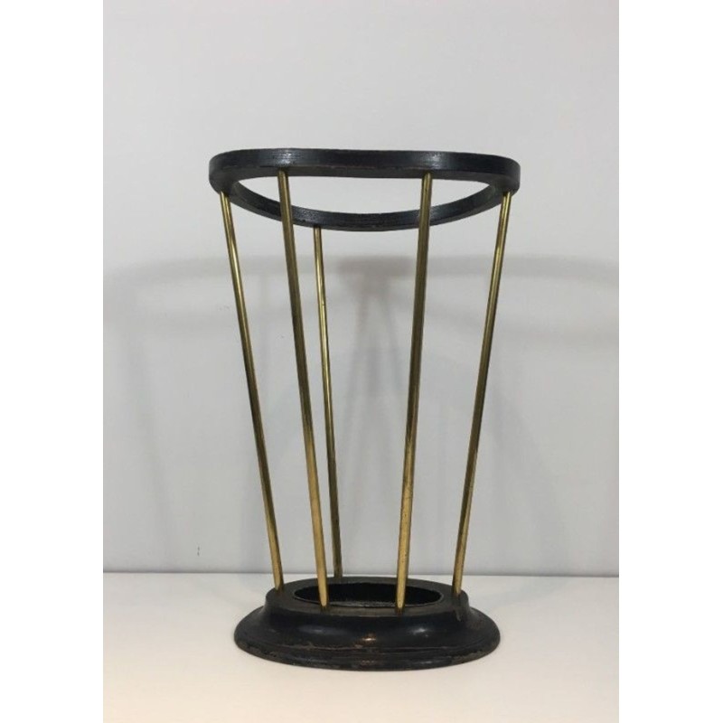 Ebonised Wood Brass Umbrella Stand Jacques Adnet French 1950