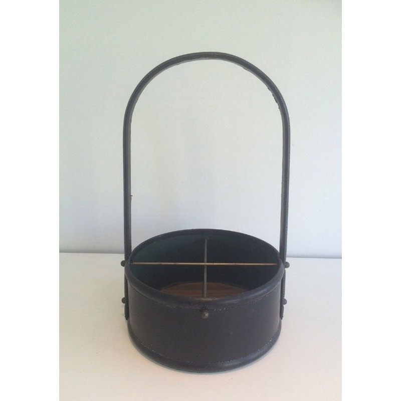 Porte-Bouteilles Cuir Bois Style Jacques Adnet Français 1950