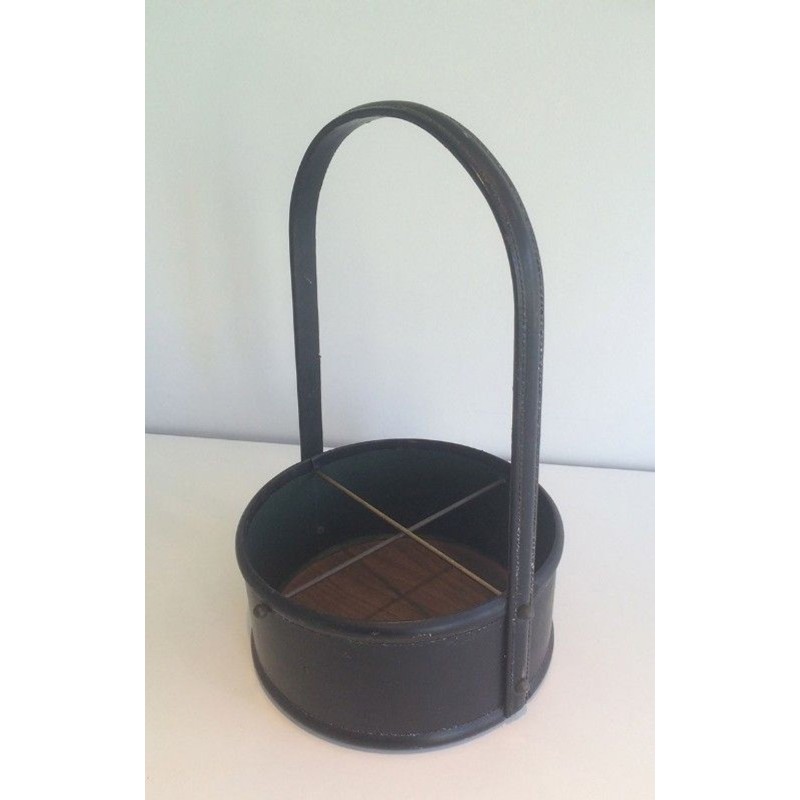 Porte-Bouteilles Cuir Bois Style Jacques Adnet Français 1950