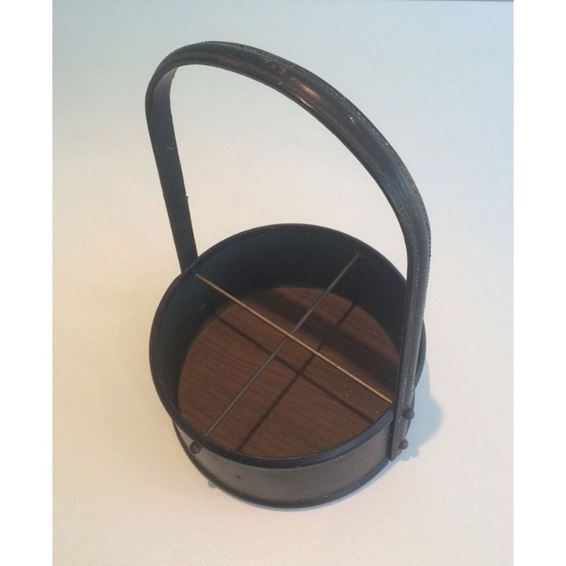 Leather Wood Bottle Holder Style Jacques Adnet French 1950