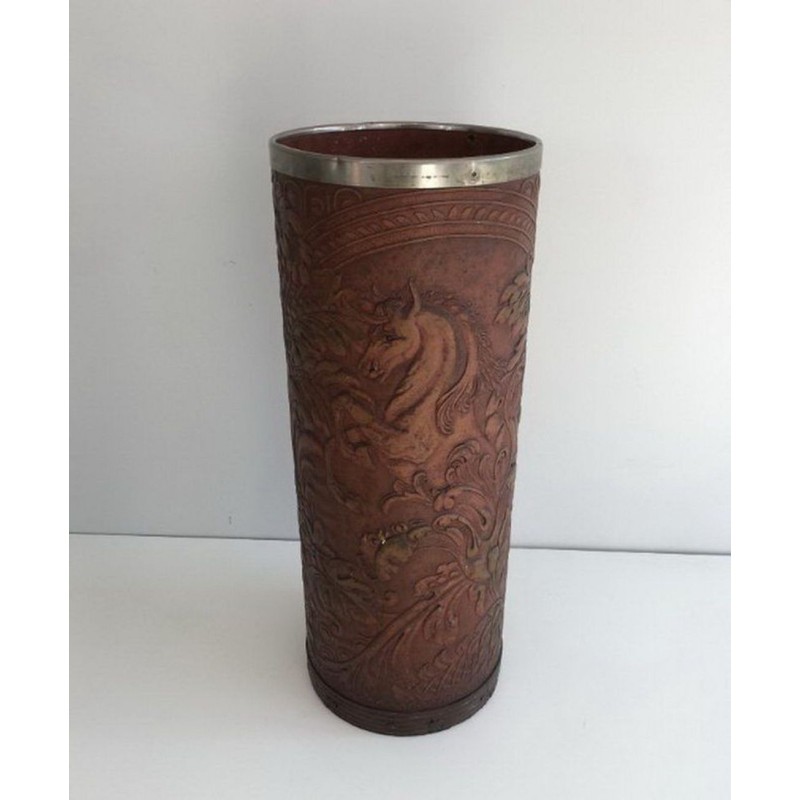 Repoussé Leather Umbrella Stand, Unicorn Motif, French circa 1940 | Maison BARROIS
