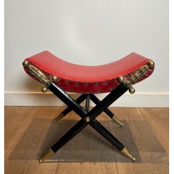 Curule Stool, Crossed Bronze Swords, Red Leather, French circa 1900 | Maison BARROIS
