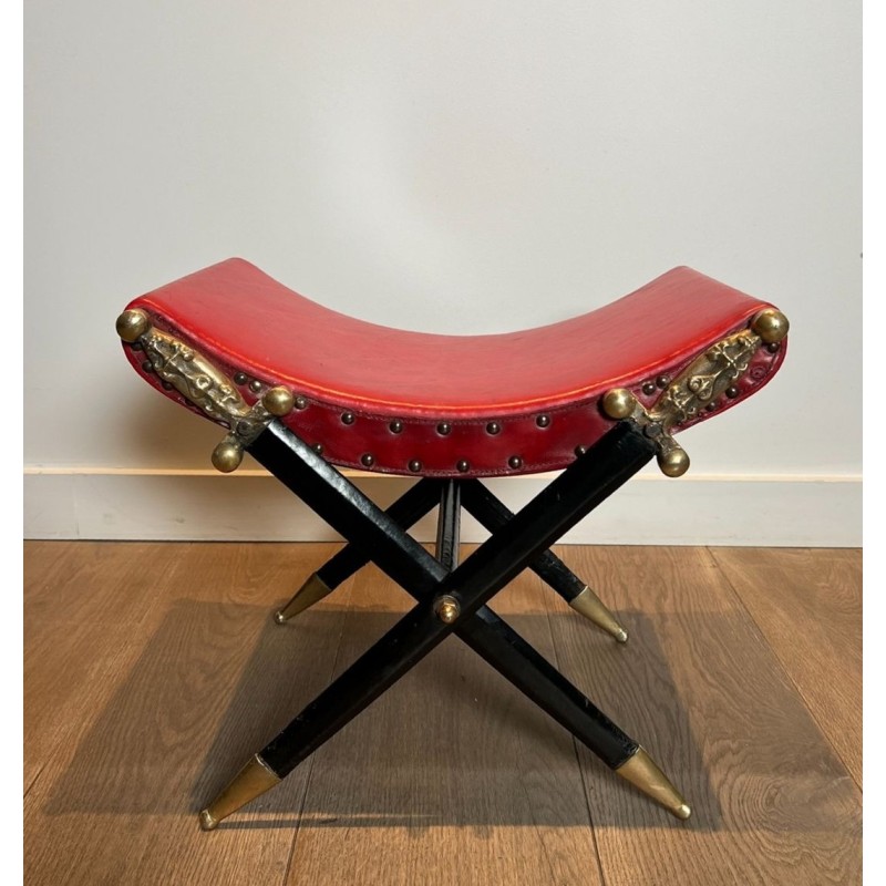 Curule Stool, Crossed Bronze Swords, Red Leather, French circa 1900 | Maison BARROIS
