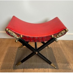 Curule Stool, Crossed Bronze Swords, Red Leather, French circa 1900 | Maison BARROIS