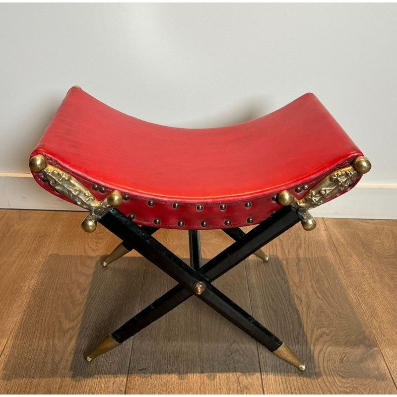 Curule Stool, Crossed Bronze Swords, Red Leather, French circa 1900 | Maison BARROIS