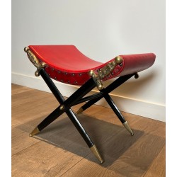 Curule Stool, Crossed Bronze Swords, Red Leather, French circa 1900 | Maison BARROIS