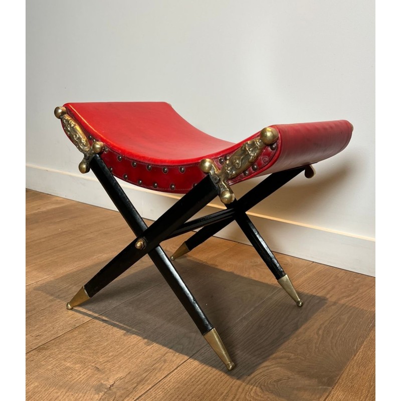 Curule Stool, Crossed Bronze Swords, Red Leather, French circa 1900 | Maison BARROIS