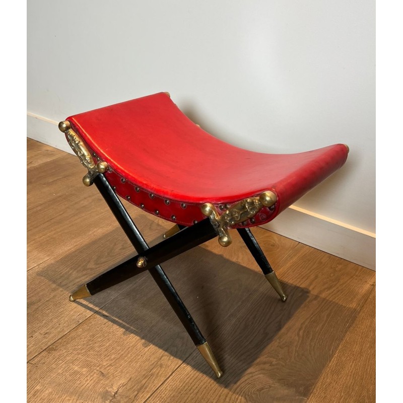 Curule Stool, Crossed Bronze Swords, Red Leather, French circa 1900 | Maison BARROIS