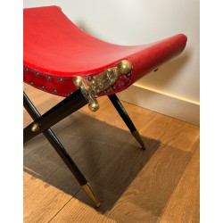 Curule Stool, Crossed Bronze Swords, Red Leather, French circa 1900 | Maison BARROIS