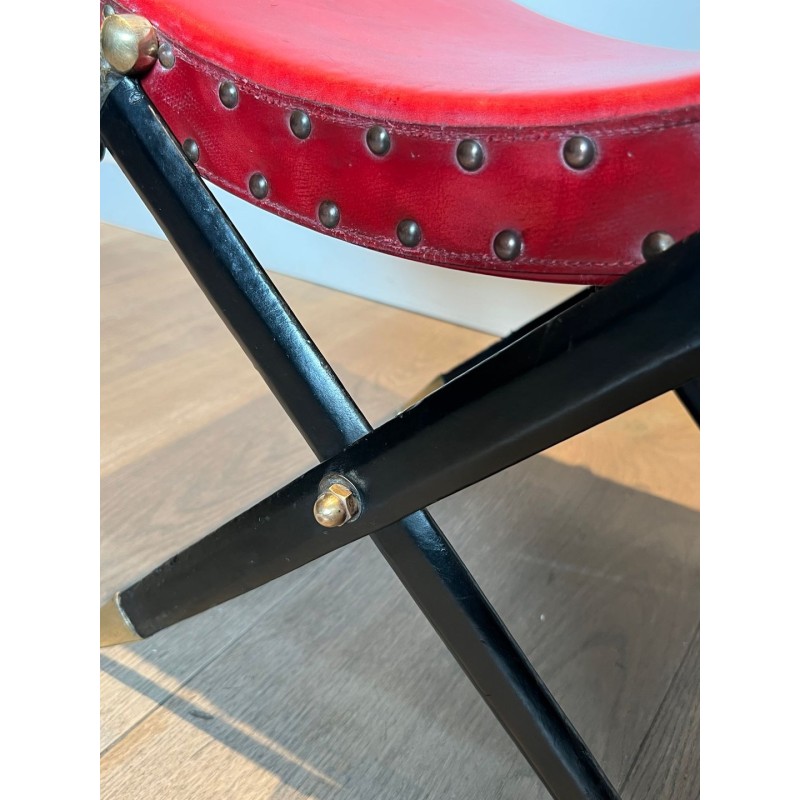 Tabouret Curule Épées Croisées Bronze, Cuir Rouge, France vers 1900 | Maison BARROIS