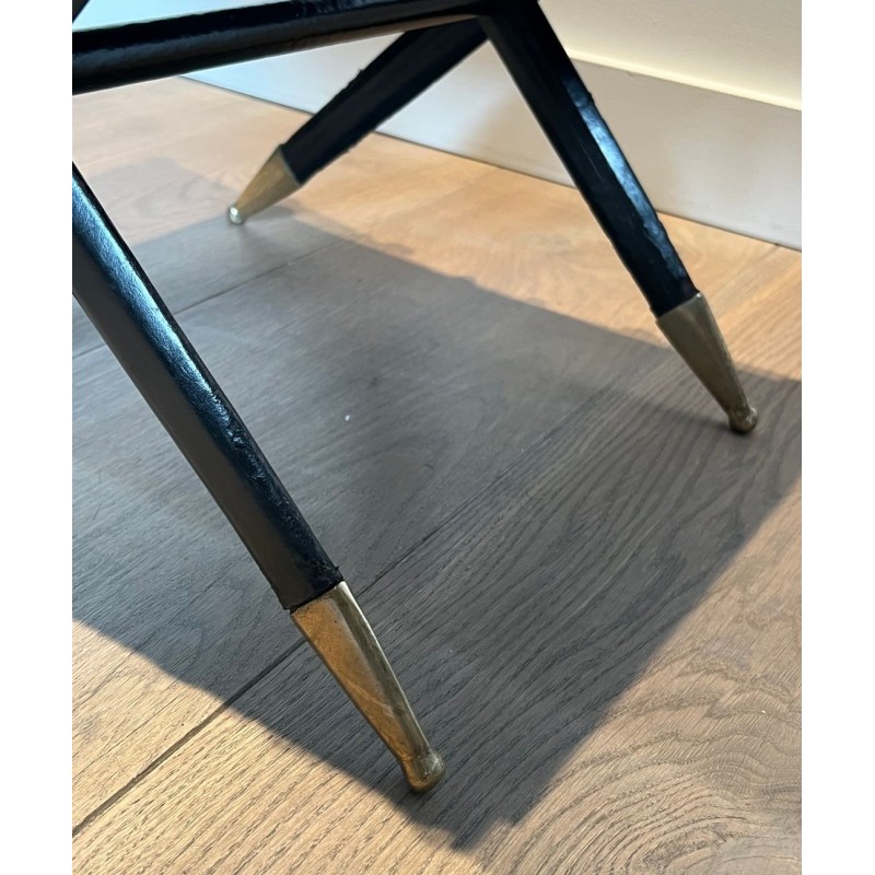 Tabouret Curule de Style Néoclassique en Cuir Rouge et Décoré d'Epées Croisées en Bronze et Métal Gainé de Cuir Noir