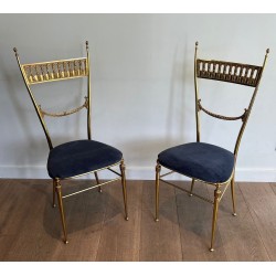 Paire de Chaises Néoclassiques Laiton, Velours Bleu Roi, Maison Jansen, v. 1940