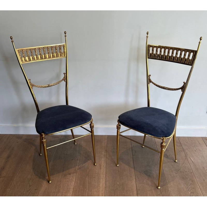 Pair of Neoclassical Brass Chairs, Royal Blue Velvet, Maison Jansen, c. 1940