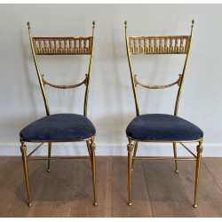 Pair of Neoclassical Brass Chairs, Royal Blue Velvet, Maison Jansen, c. 1940