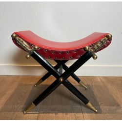 Curule Stool, Crossed Bronze Swords, Red Leather, French circa 1900 | Maison BARROIS