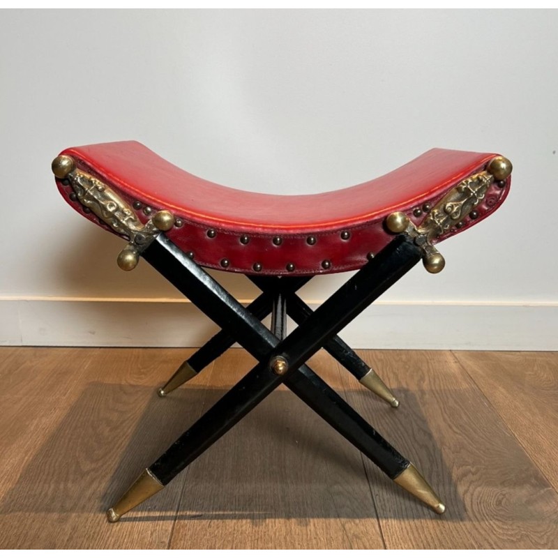 Curule Stool, Crossed Bronze Swords, Red Leather, French circa 1900 | Maison BARROIS