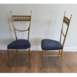 Paire de Chaises Néoclassiques Laiton, Velours Bleu Roi, Maison Jansen, v. 1940