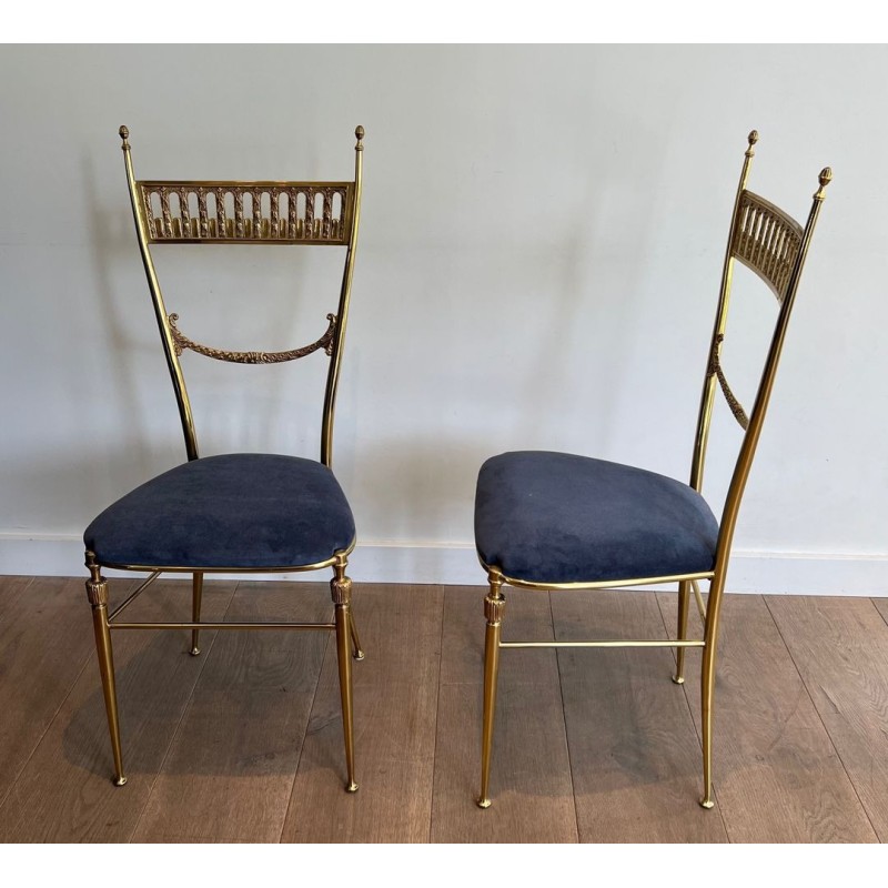 Paire de Chaises Néoclassiques Laiton, Velours Bleu Roi, Maison Jansen, v. 1940