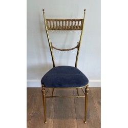 Pair of Neoclassical Brass Chairs, Royal Blue Velvet, Maison Jansen, c. 1940