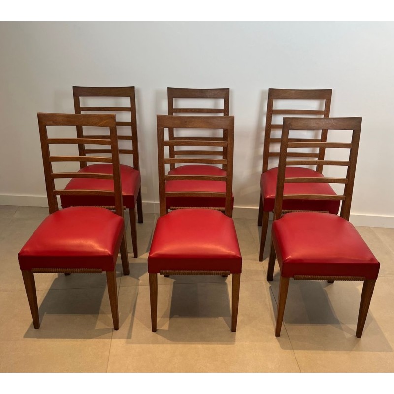 Set of Six Art Déco Oak Dining Chairs, Red Faux Leather, André Arbus Style