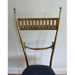 Paire de Chaises Néoclassiques Laiton, Velours Bleu Roi, Maison Jansen, v. 1940