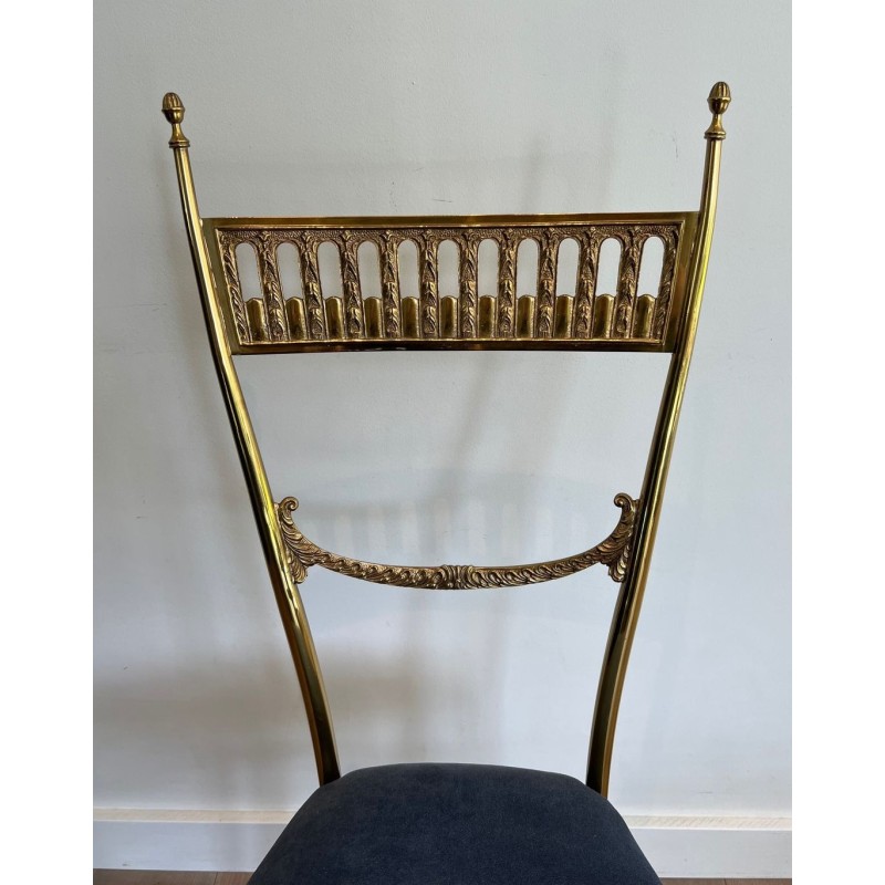Pair of Neoclassical Brass Chairs, Royal Blue Velvet, Maison Jansen, c. 1940