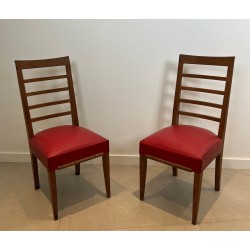 Suite de Six Chaises Art Déco Chêne, Skaï Rouge, Travail Français, v. 1940