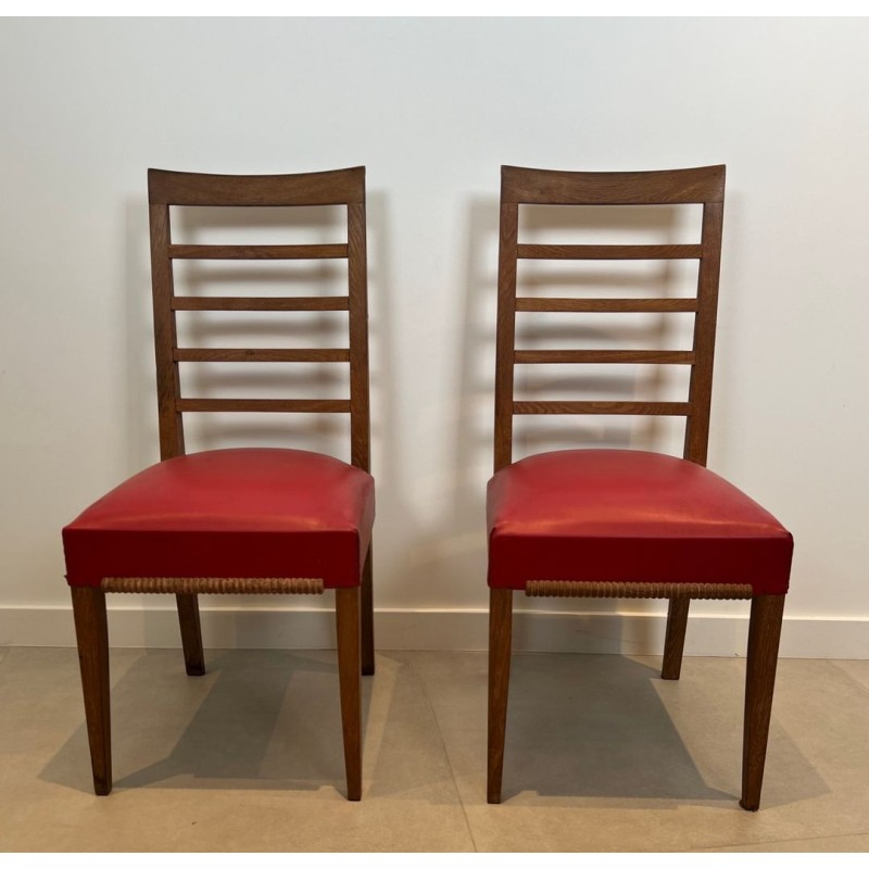 Suite de Six Chaises Art Déco Chêne, Skaï Rouge, Travail Français, v. 1940