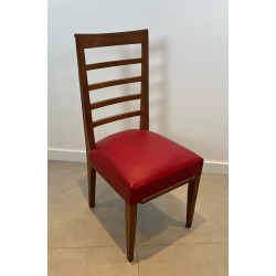 Set of Six Art Déco Oak Dining Chairs, Red Faux Leather, André Arbus Style