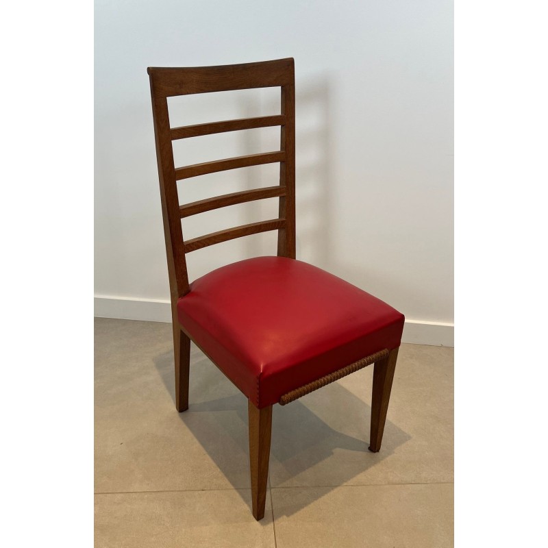 Suite de Six Chaises Art Déco Chêne, Skaï Rouge, Travail Français, v. 1940