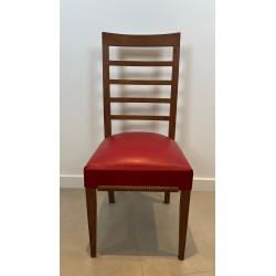 Set of Six Art Déco Oak Dining Chairs, Red Faux Leather, André Arbus Style