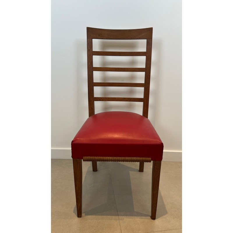 Set of Six Art Déco Oak Dining Chairs, Red Faux Leather, André Arbus Style