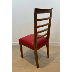 Set of Six Art Déco Oak Dining Chairs, Red Faux Leather, André Arbus Style