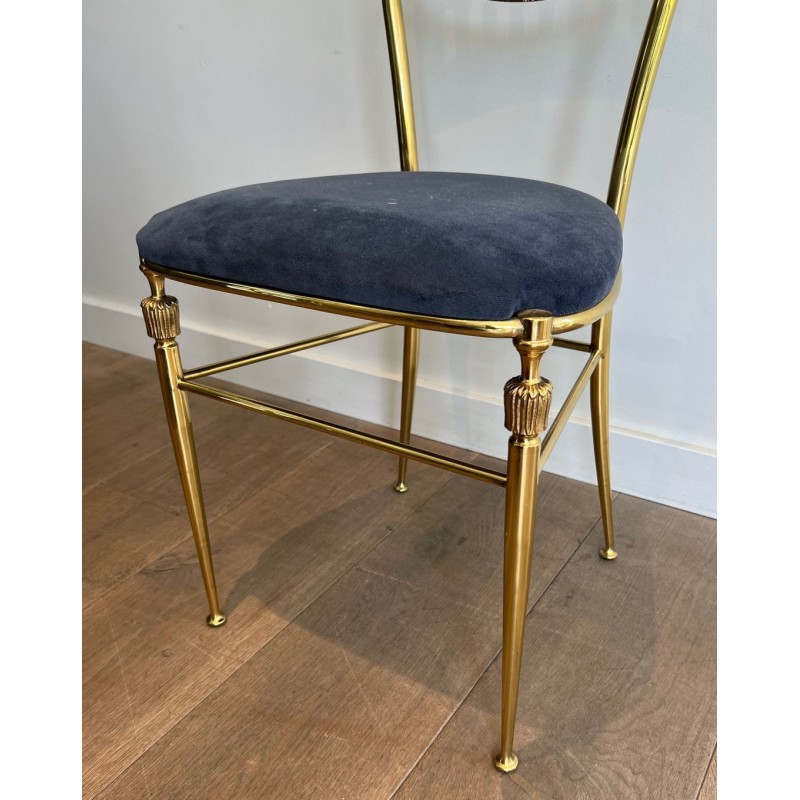 Pair of Neoclassical Brass Chairs, Royal Blue Velvet, Maison Jansen, c. 1940