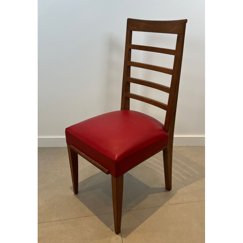 Set of Six Art Déco Oak Dining Chairs, Red Faux Leather, André Arbus Style