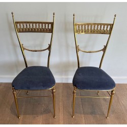 Pair of Neoclassical Brass Chairs, Royal Blue Velvet, Maison Jansen, c. 1940
