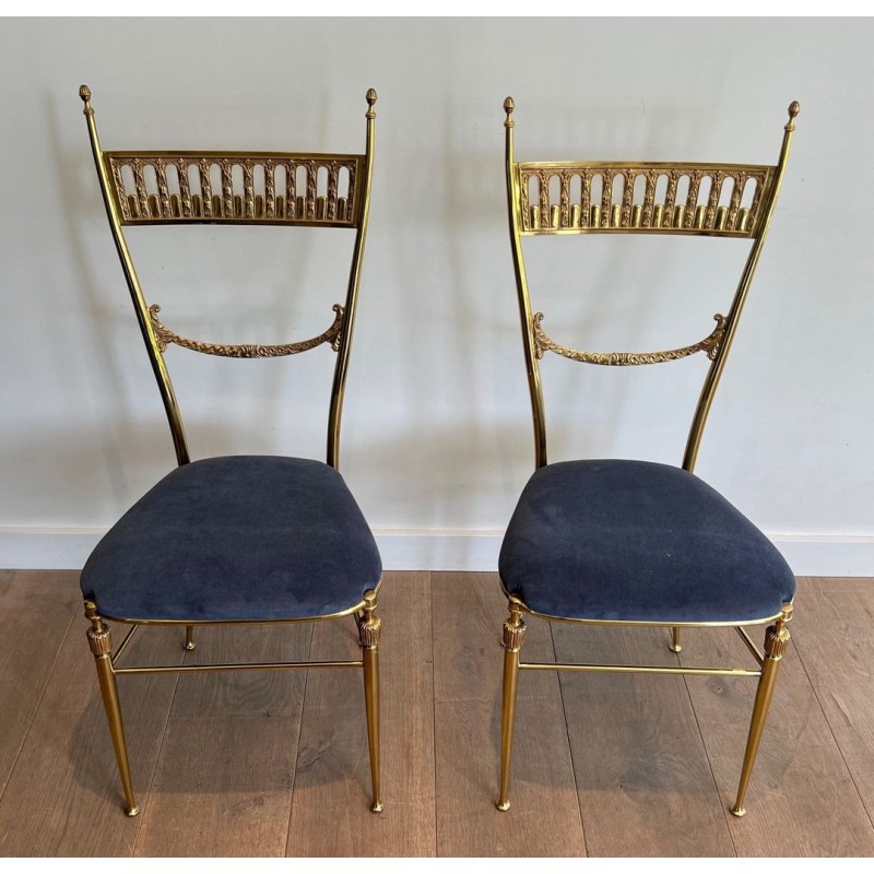 Paire de Chaises Néoclassiques Laiton, Velours Bleu Roi, Maison Jansen, v. 1940
