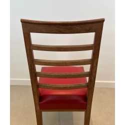 Set of Six Art Déco Oak Dining Chairs, Red Faux Leather, André Arbus Style